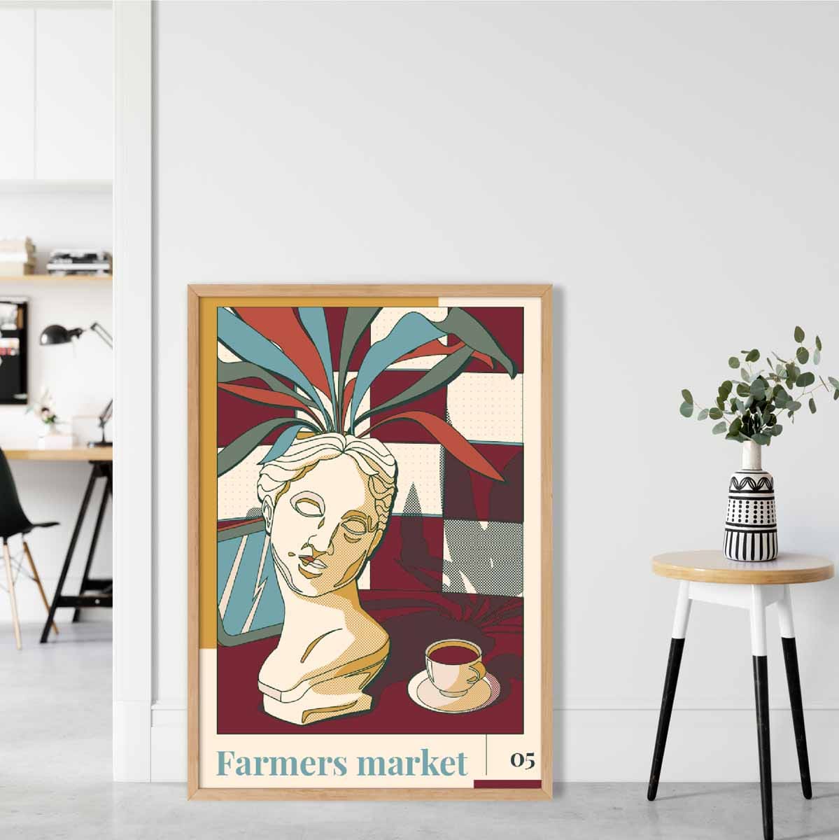 Farmers Market Poster No 5 in Damson Red and Blue
