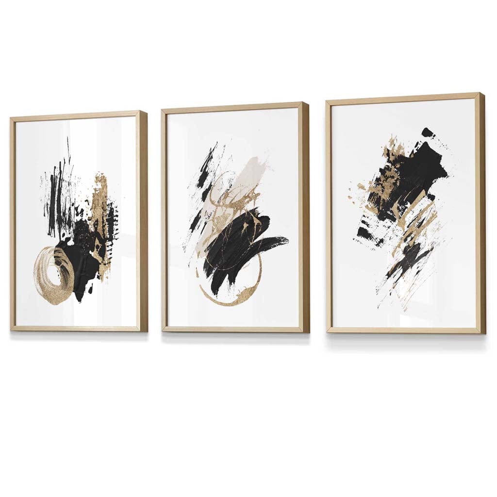 Set of 3 Black and Gold Prints of Abstract Oil Paintings Wall Art Prints / Framed | Artze Wall Art UK