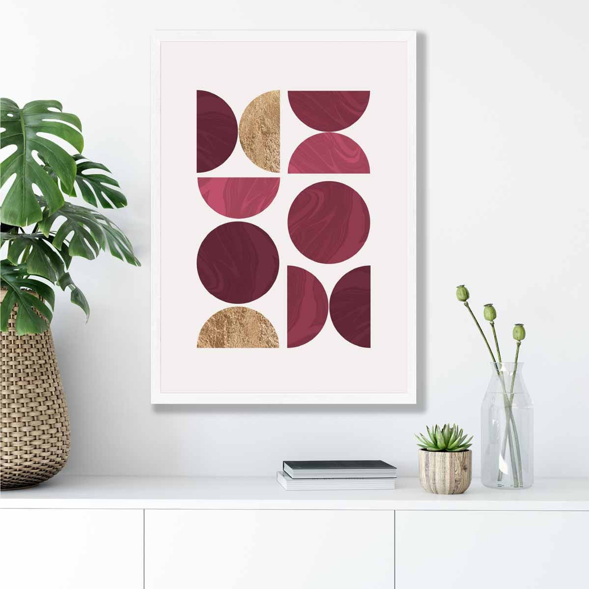 Mid Century Modern Geometric Print No 1 in Damson Red and Gold