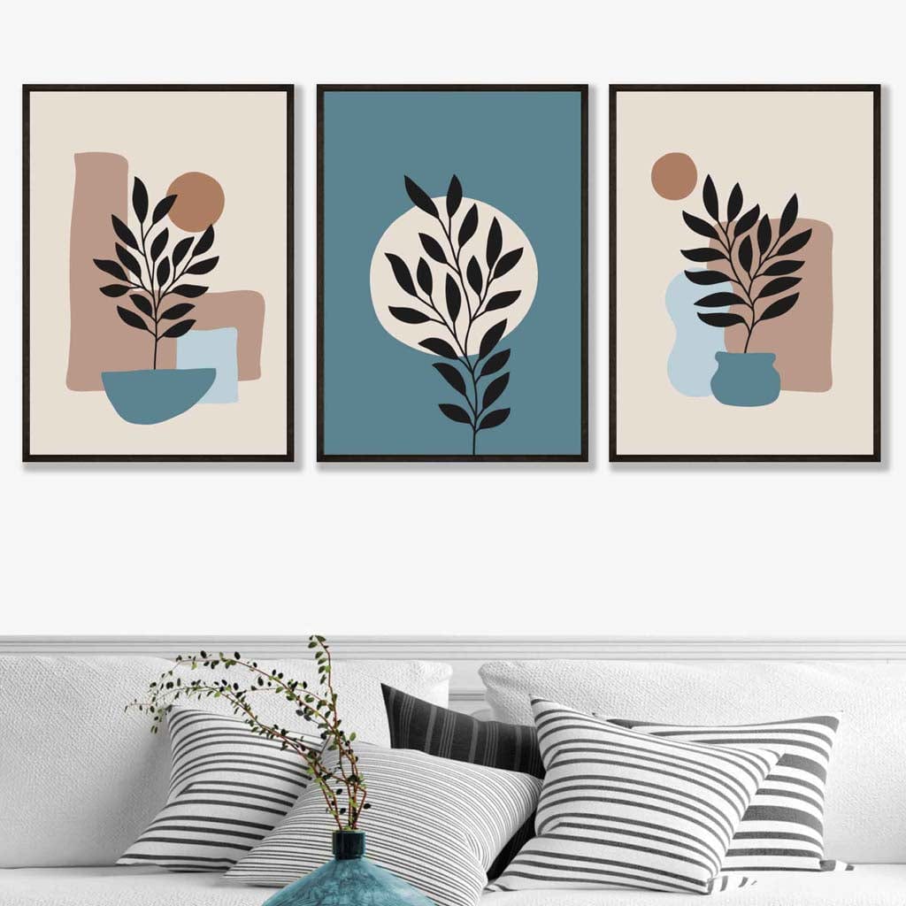 Botanical Set of 3 Boho Wall Art Prints in Blue and Brown