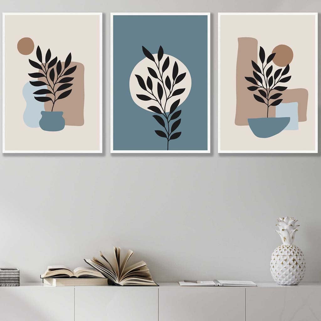 Botanical Set of 3 Boho Wall Art Prints in Blue and Brown