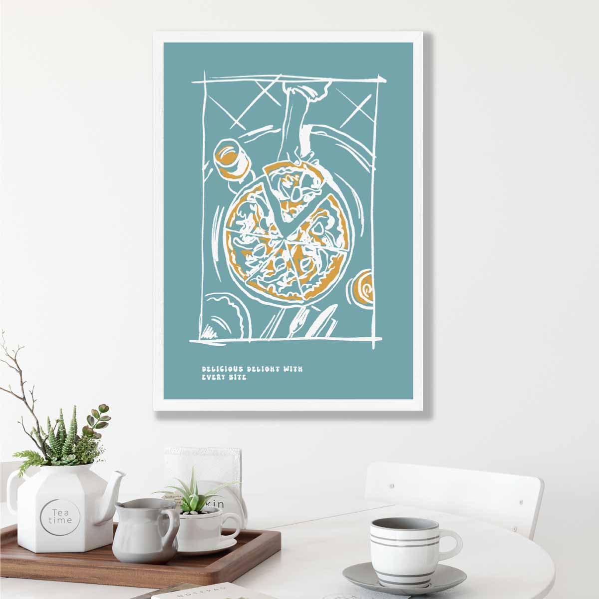 Kitchen Poster Pizza Sketch with Quote in Blue