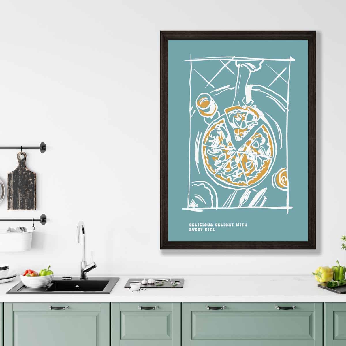 Kitchen Poster Pizza Sketch with Quote in Blue