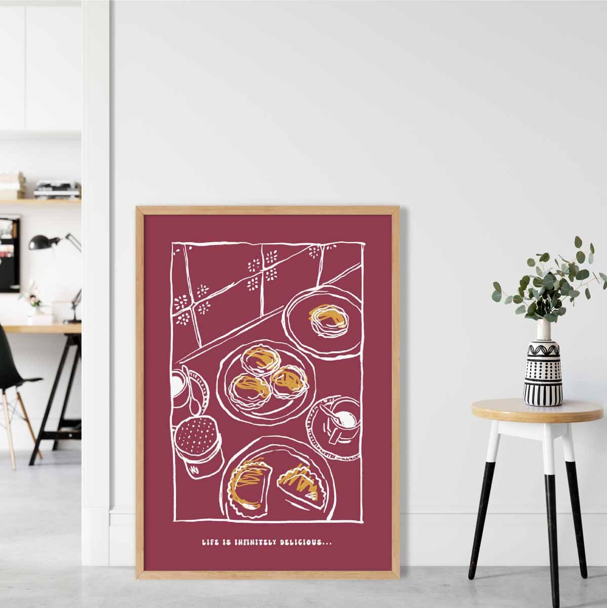 Kitchen Poster Delicious Pastries Sketch with Quote Red