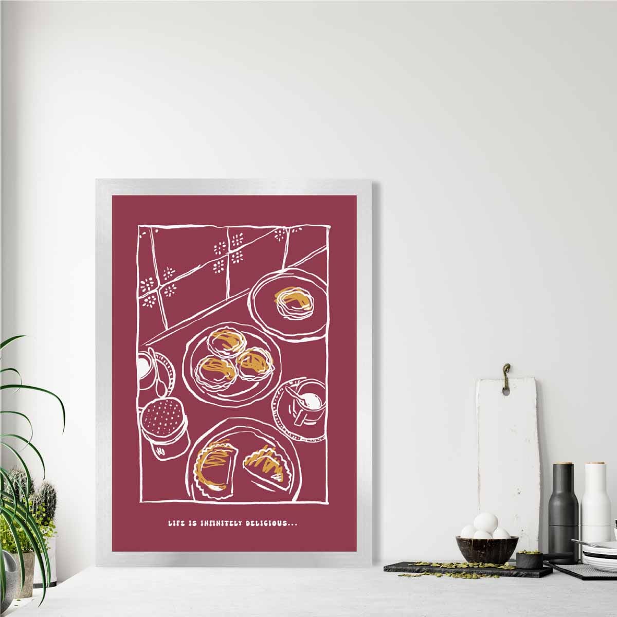 Kitchen Poster Delicious Pastries Sketch with Quote Red