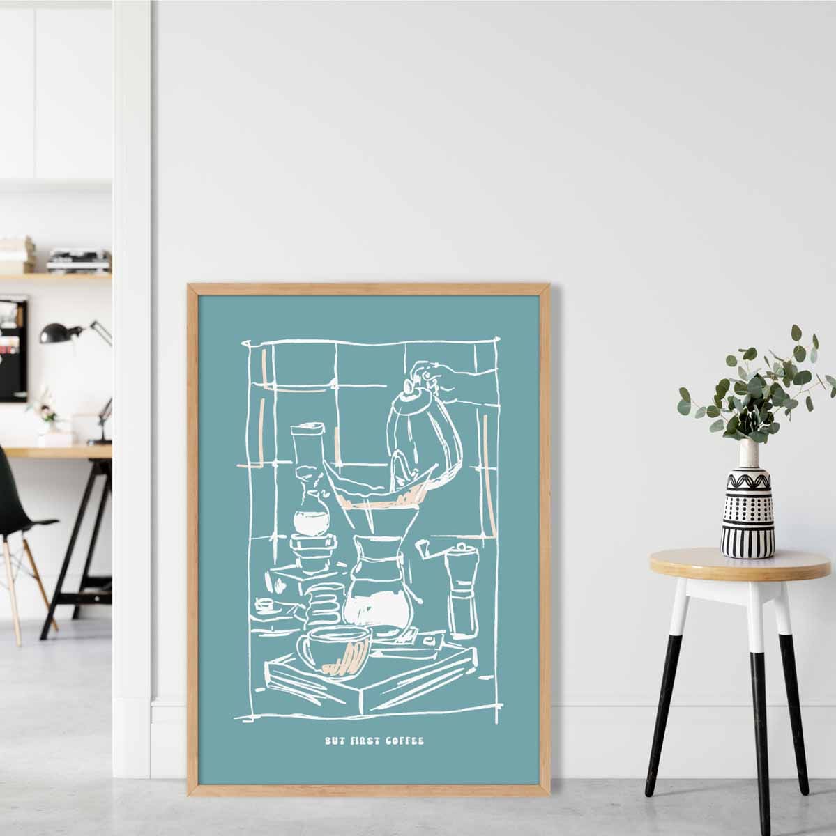 Kitchen Poster Coffee Sketch with Quote in Blue