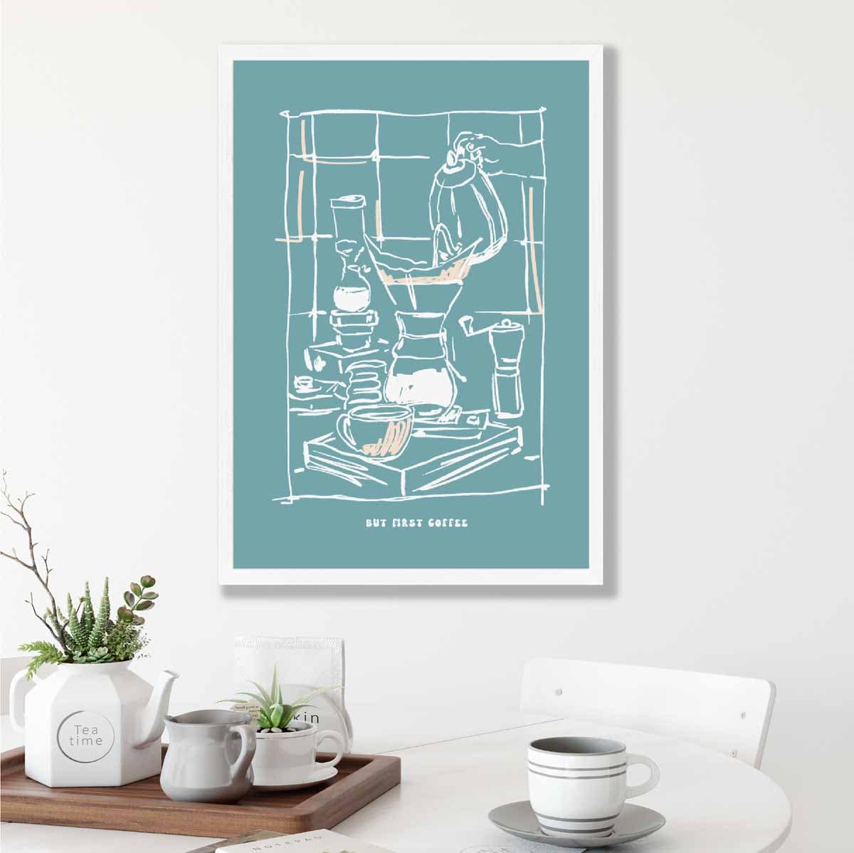 Kitchen Poster Coffee Sketch with Quote in Blue