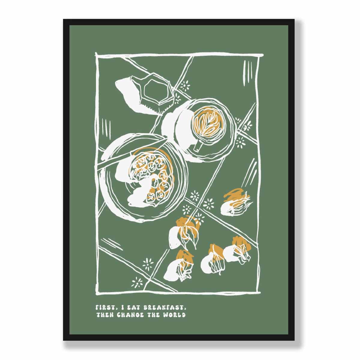 Kitchen Poster Breakfast Sketch with Quote in Green