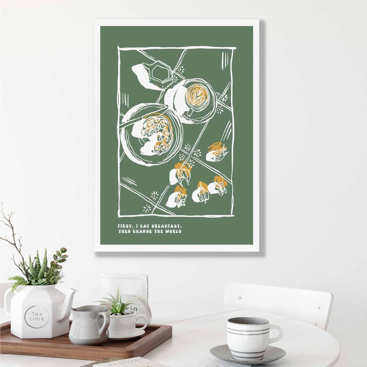 Kitchen Poster Breakfast Sketch with Quote in Green