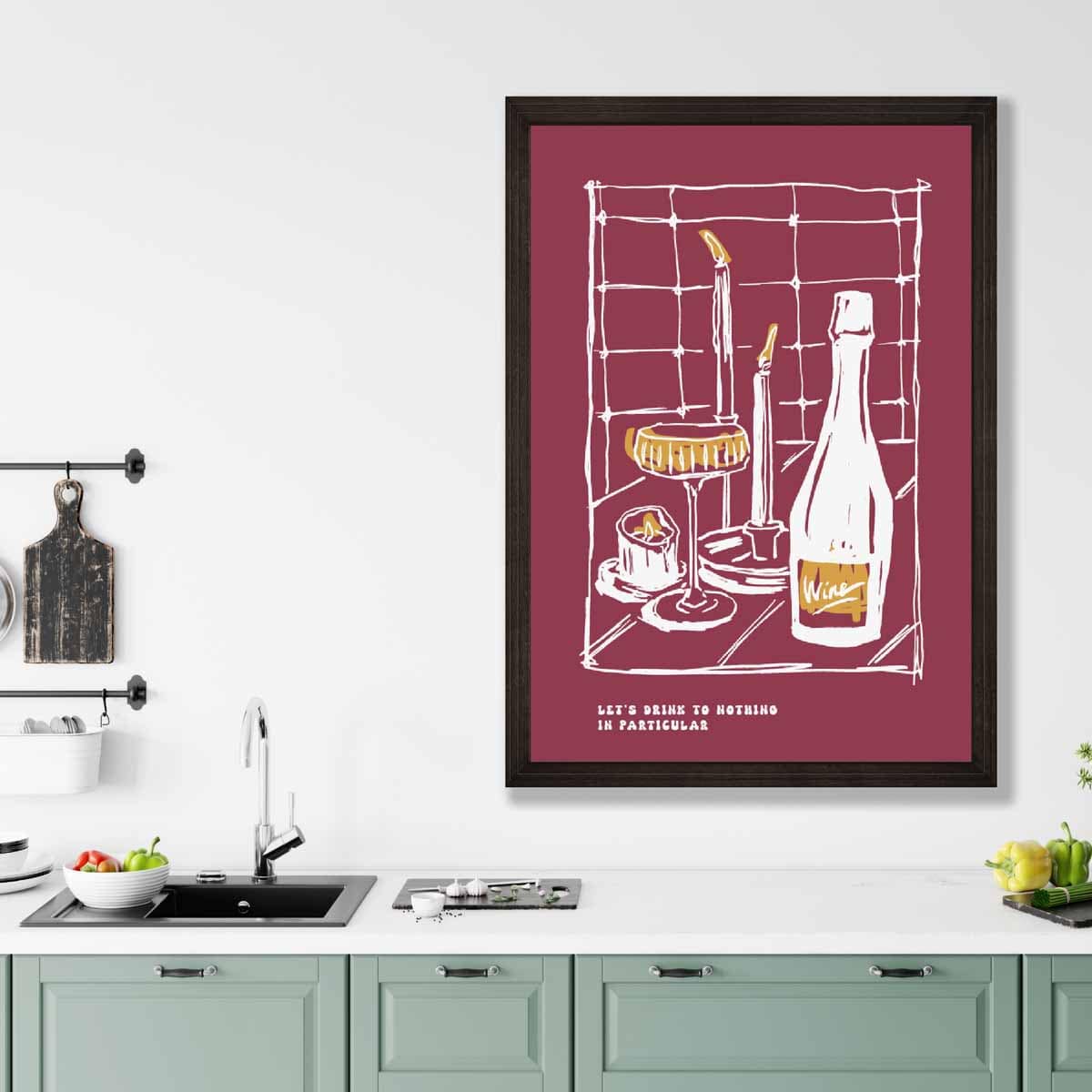 Kitchen Poster Drinks Sketch with Quote on Red