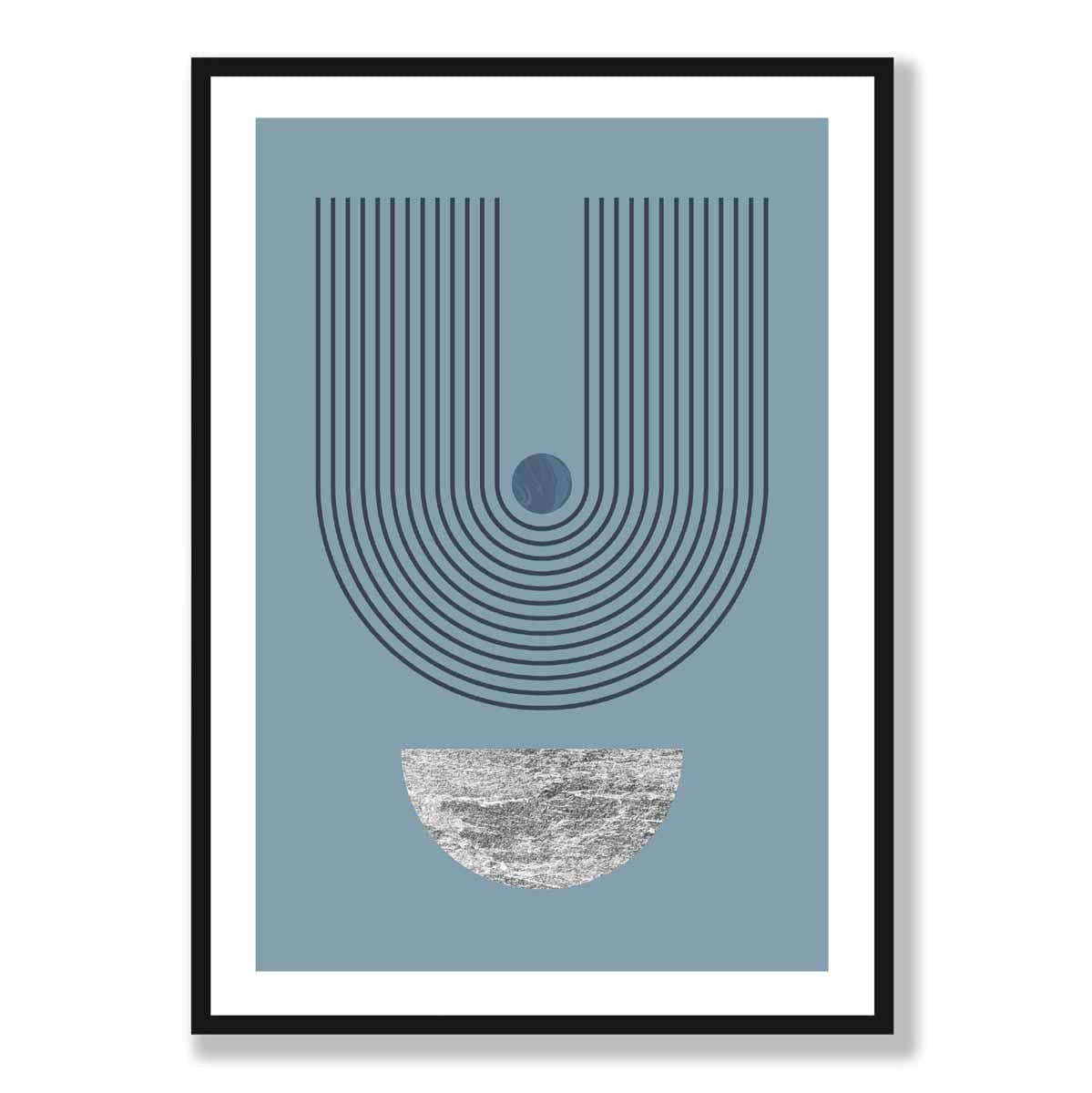 Mid Century Modern Geometric Poster in Navy Blue and Silver No 2