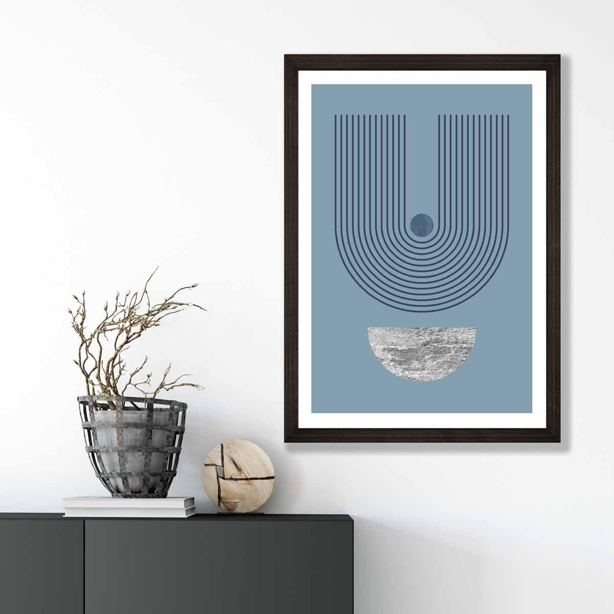 Mid Century Modern Geometric Poster in Navy Blue and Silver No 2