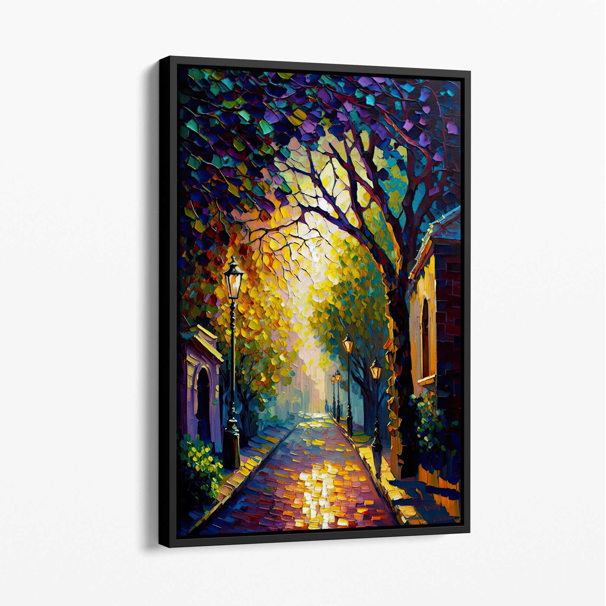 Autumn Twilight Street Palette Knife Painting Canvas Print No 1 with Black Float Frame | Artze Wall Art UK