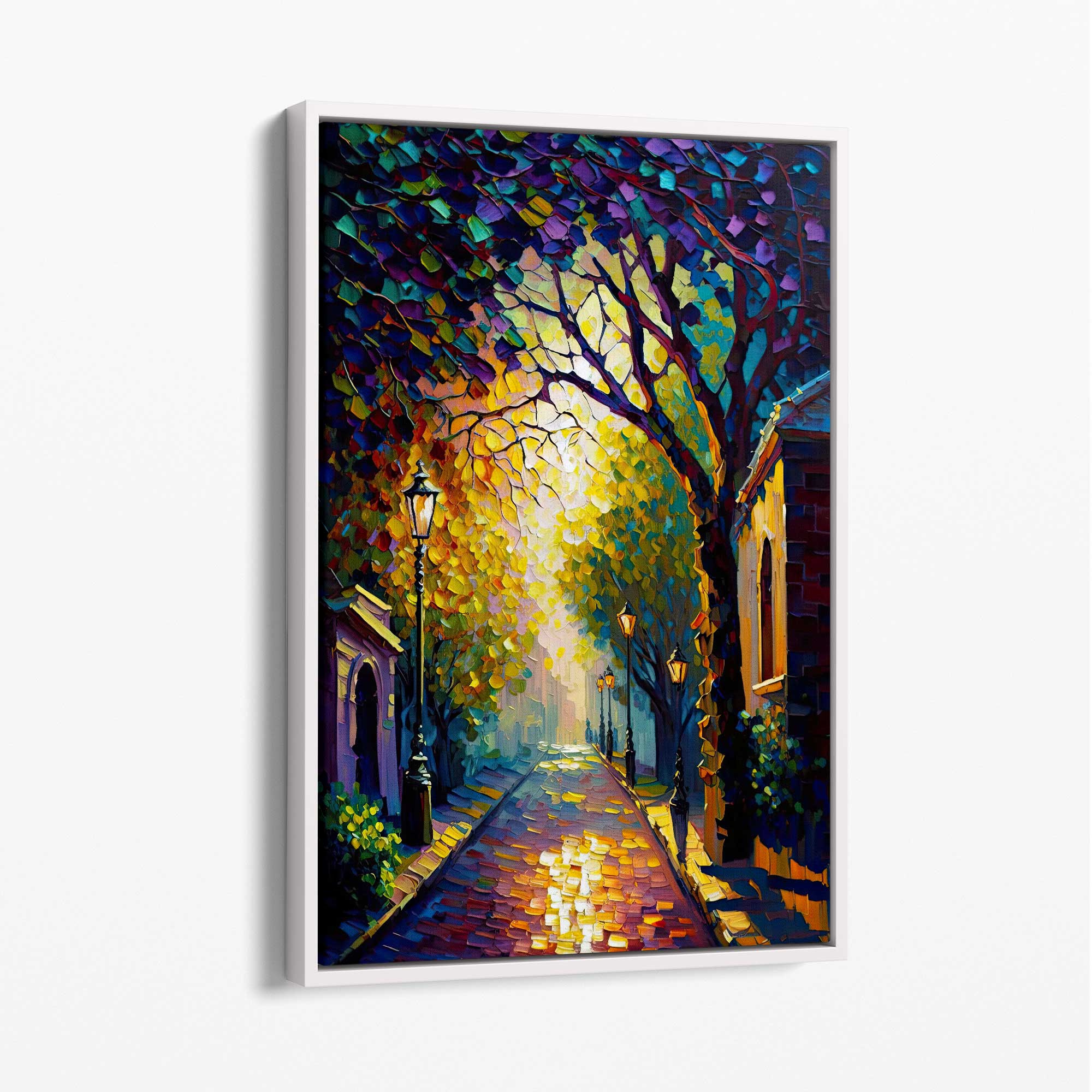 Autumn Twilight Street Palette Knife Painting Canvas Print No 1 with White Float Frame | Artze Wall Art UK