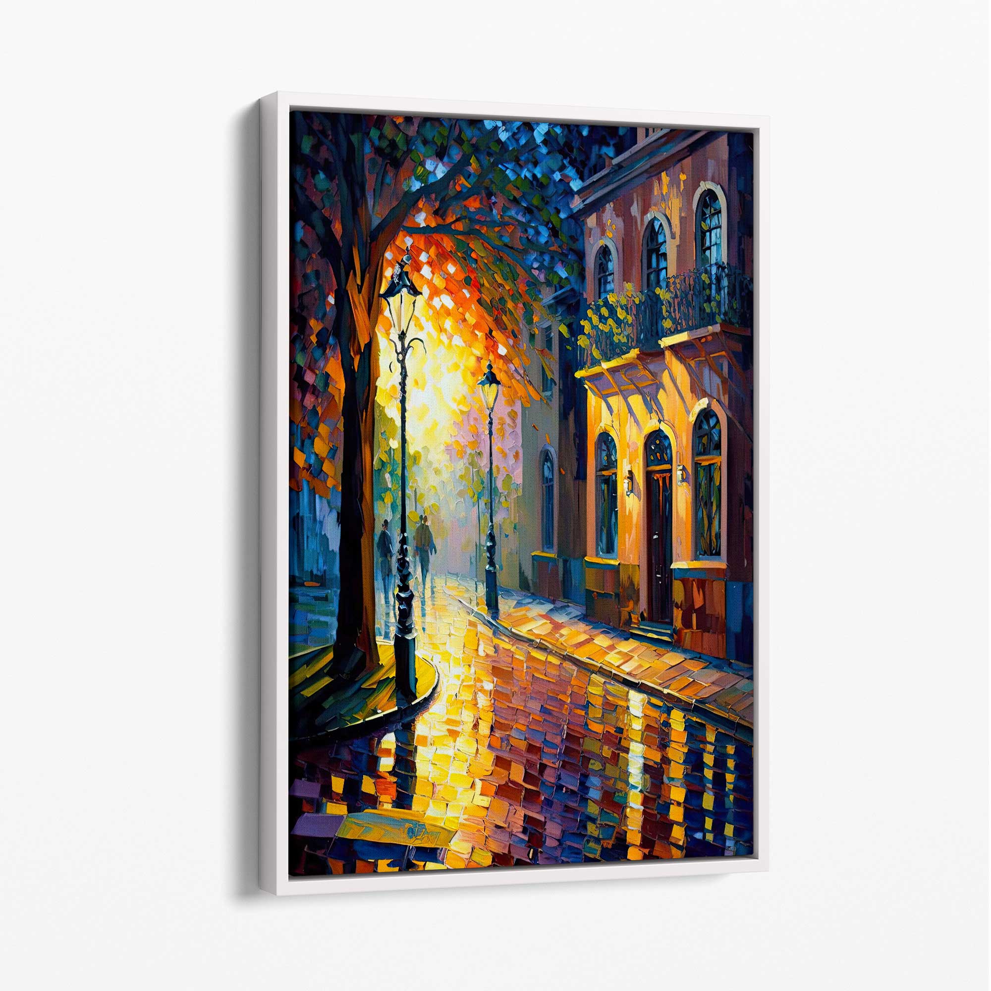 Autumn Twilight Street Palette Knife Painting Canvas Print No 2 with White Float Frame | Artze Wall Art UK