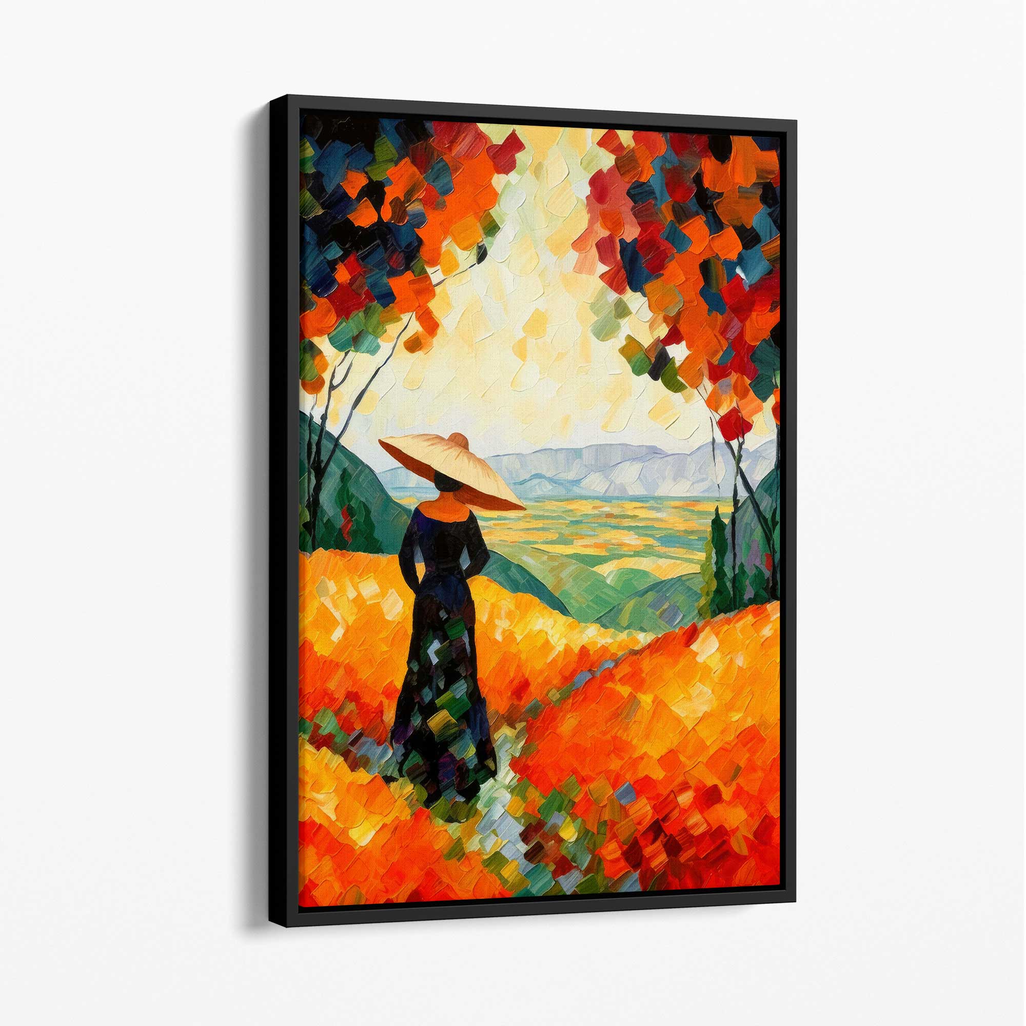Woman in Red Abstract Painting Canvas Print with Black Float Frame | Artze Wall Art UK