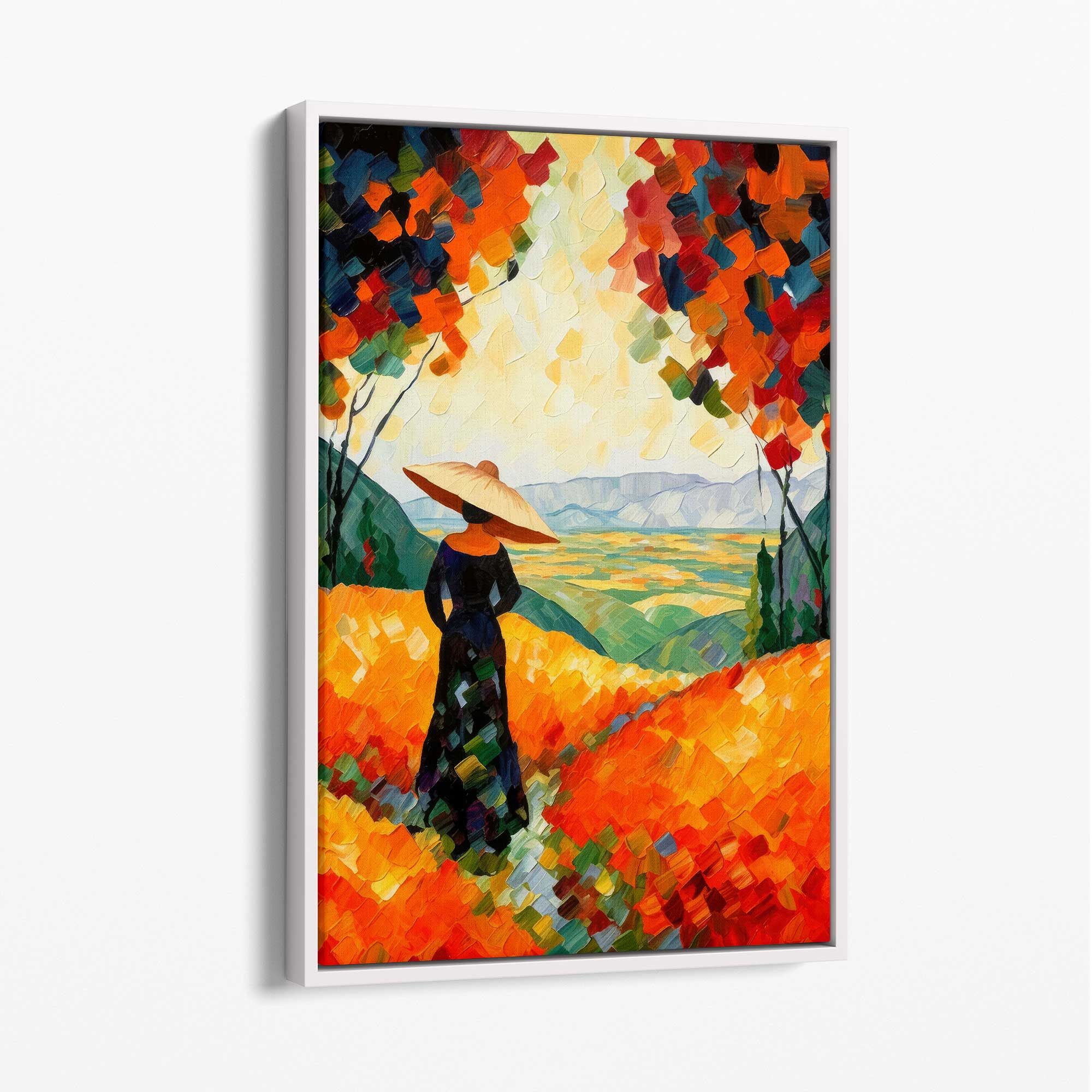 Woman in Red Abstract Painting Canvas Print with White Float Frame | Artze Wall Art UK