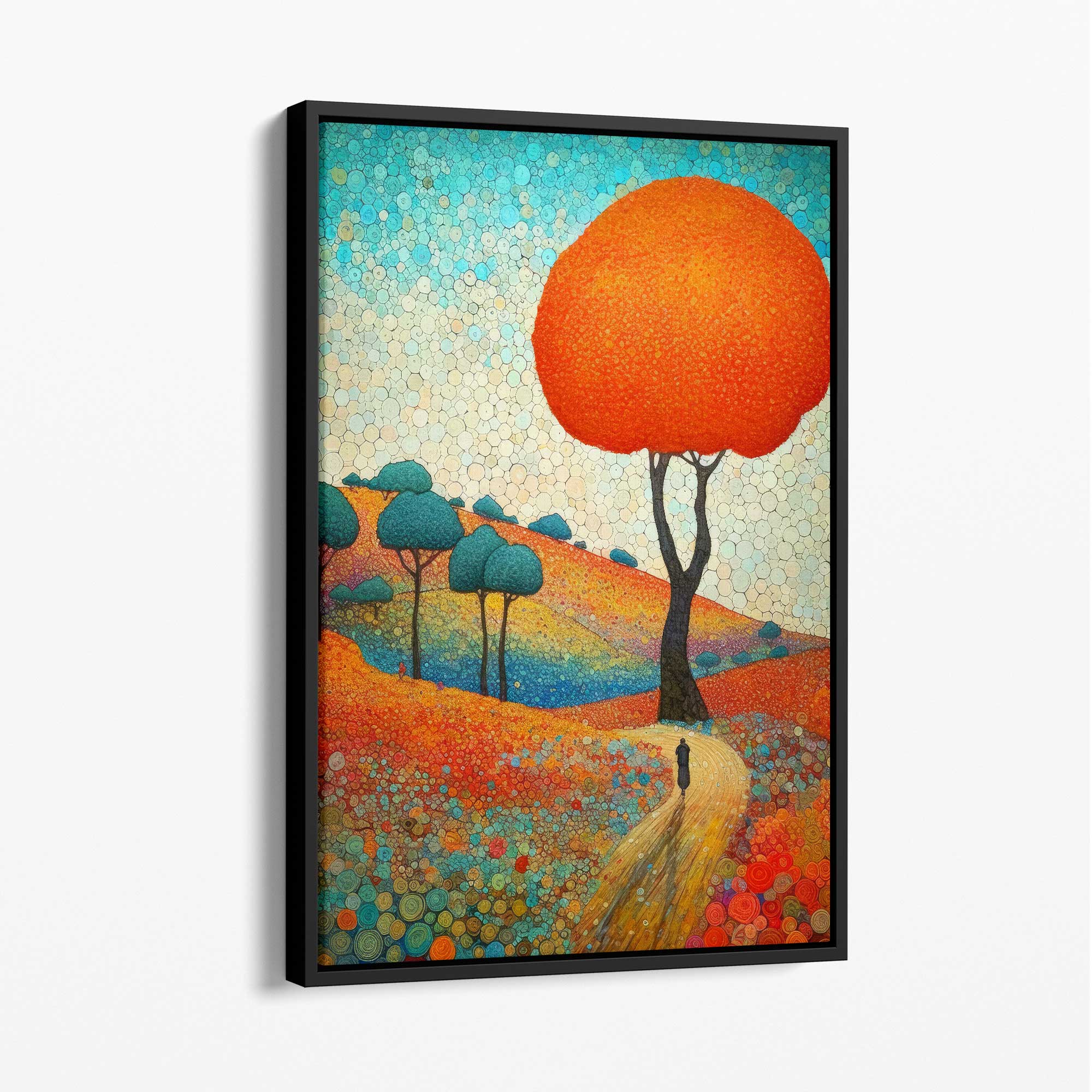 Colourful Hills and Tree Abstract Painting Canvas Print with Black Float Frame | Artze Wall Art UK