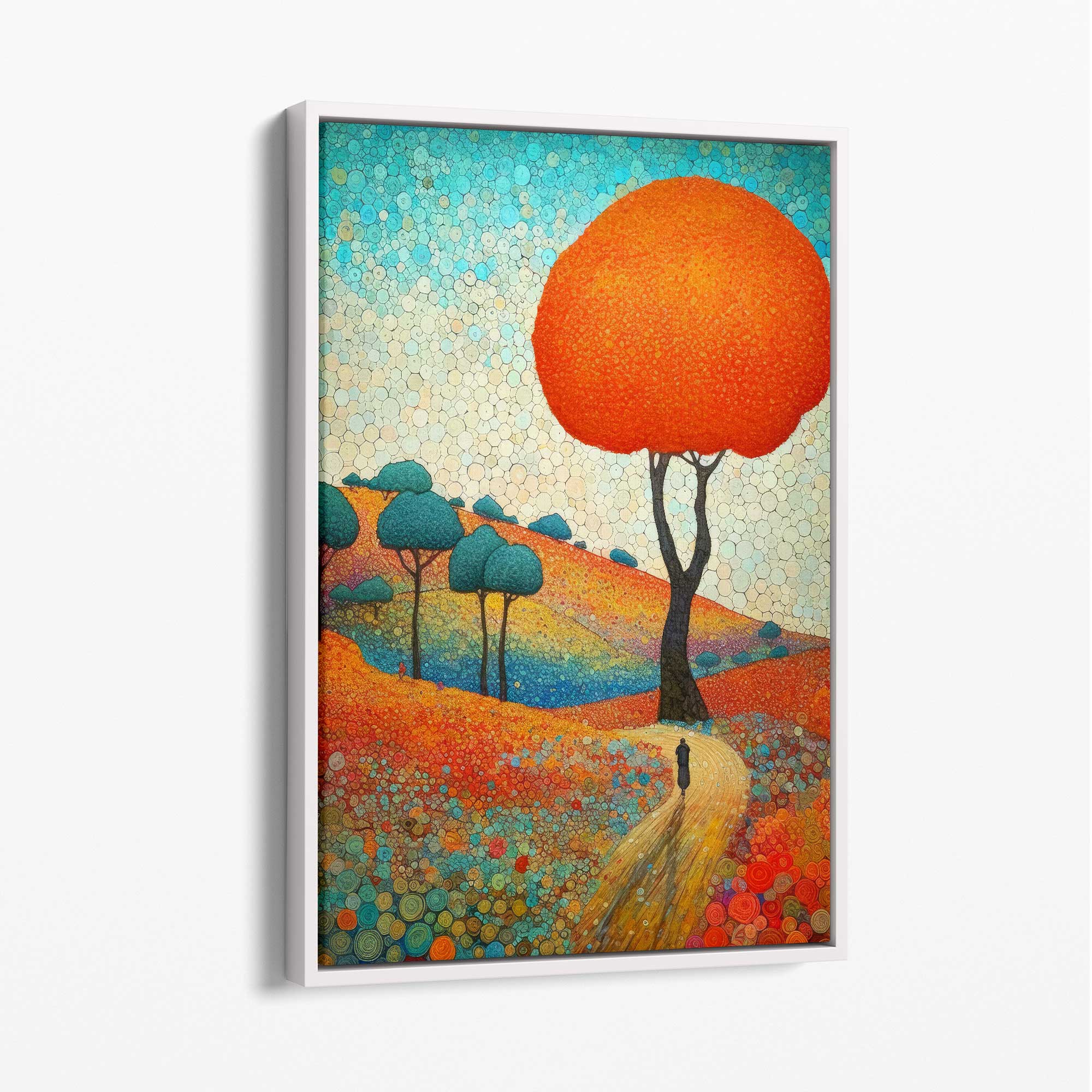 Colourful Hills and Tree Abstract Painting Canvas Print with White Float Frame | Artze Wall Art UK