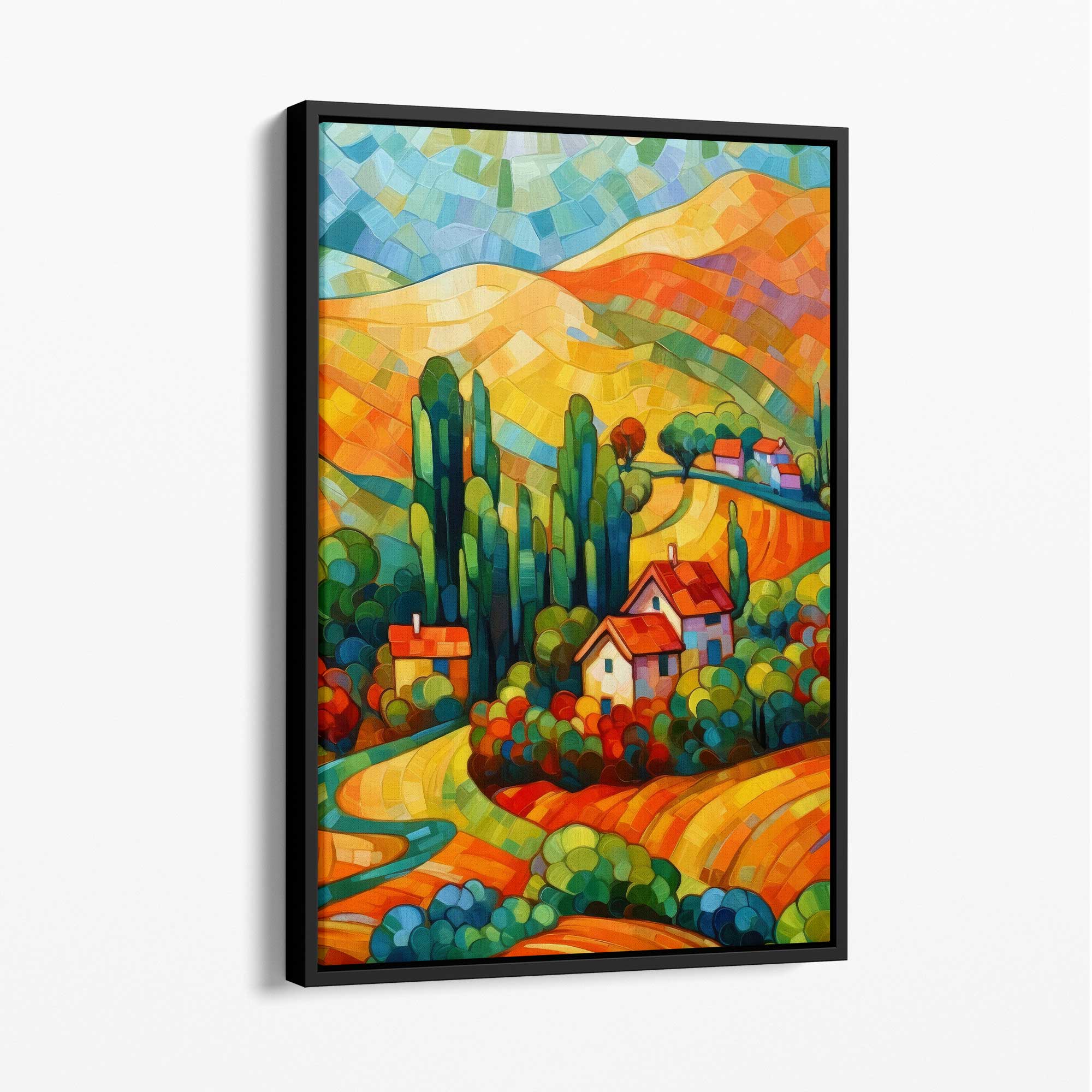 Colourful Landscape with House Abstract Painting Canvas Print with Black Float Frame | Artze Wall Art UK