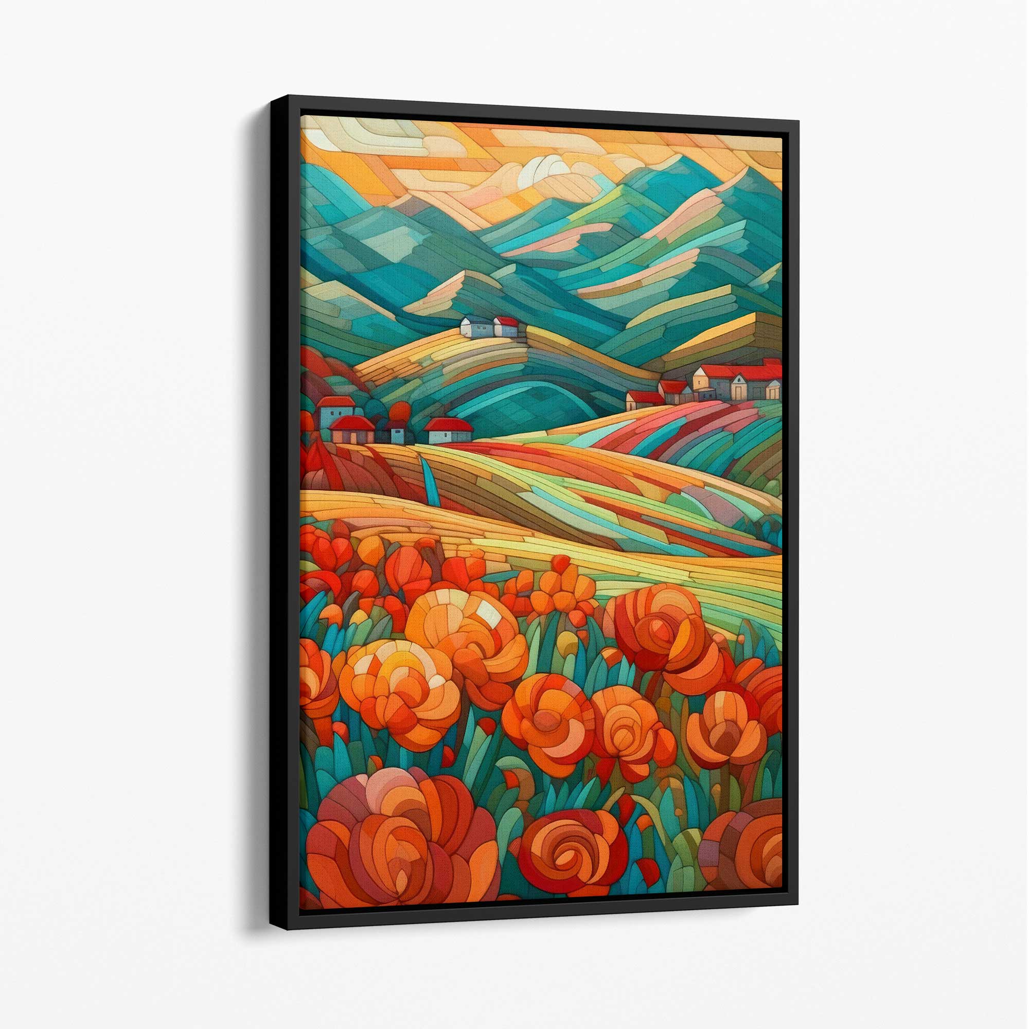 Colourful Landscape with Red Flowers Abstract Painting Canvas Print with Black Float Frame | Artze Wall Art UK