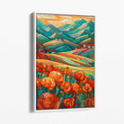 Colourful Landscape with Red Flowers Abstract Painting Canvas Print with White Float Frame | Artze Wall Art UK