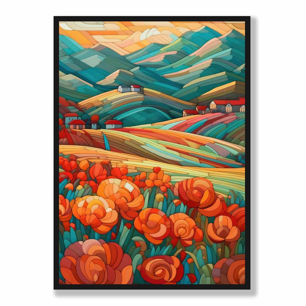 Colourful Landscape with Red Flowers Abstract Painting Art Print