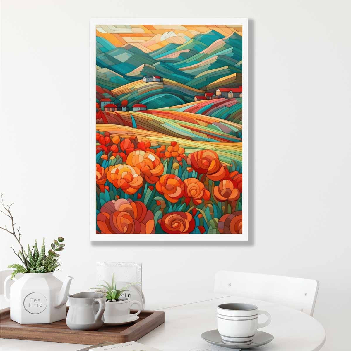 Colourful Landscape with Red Flowers Abstract Painting Art Print