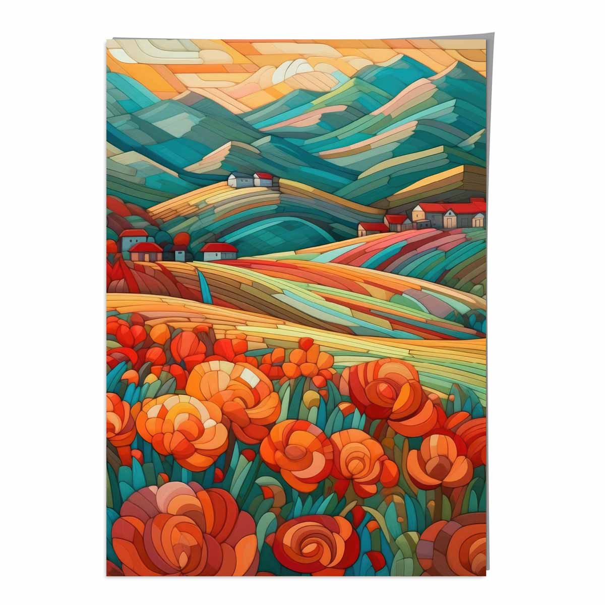 Colourful Landscape with Red Flowers Abstract Painting Art Print