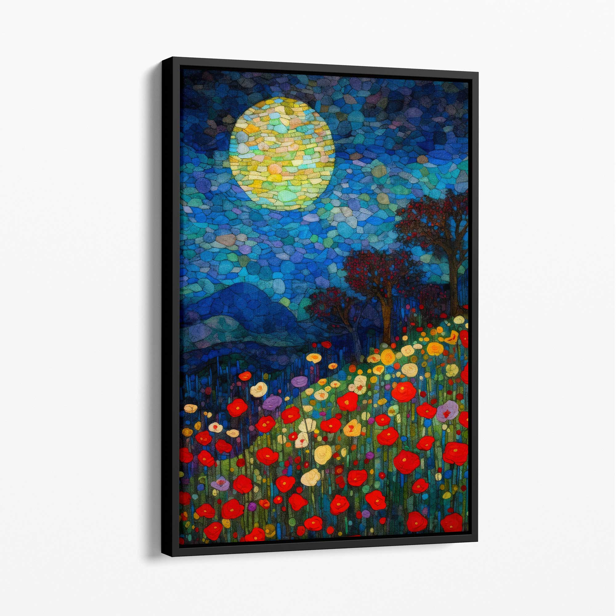 Moonlight Flower Field Abstract Painting Canvas Print with Black Float Frame | Artze Wall Art UK
