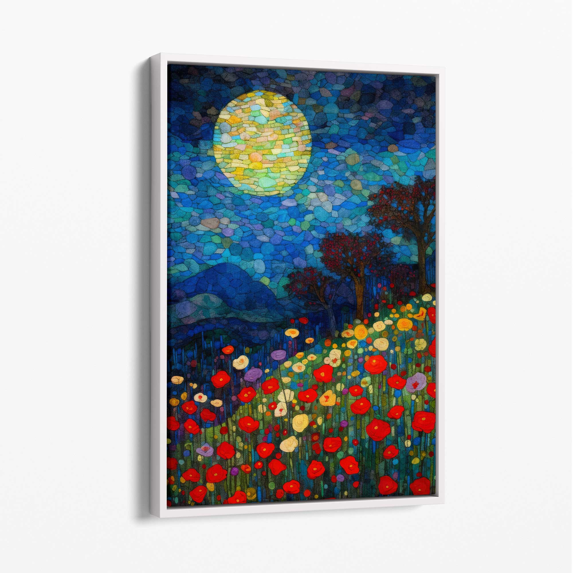 Moonlight Flower Field Abstract Painting Canvas Print with White Float Frame | Artze Wall Art UK
