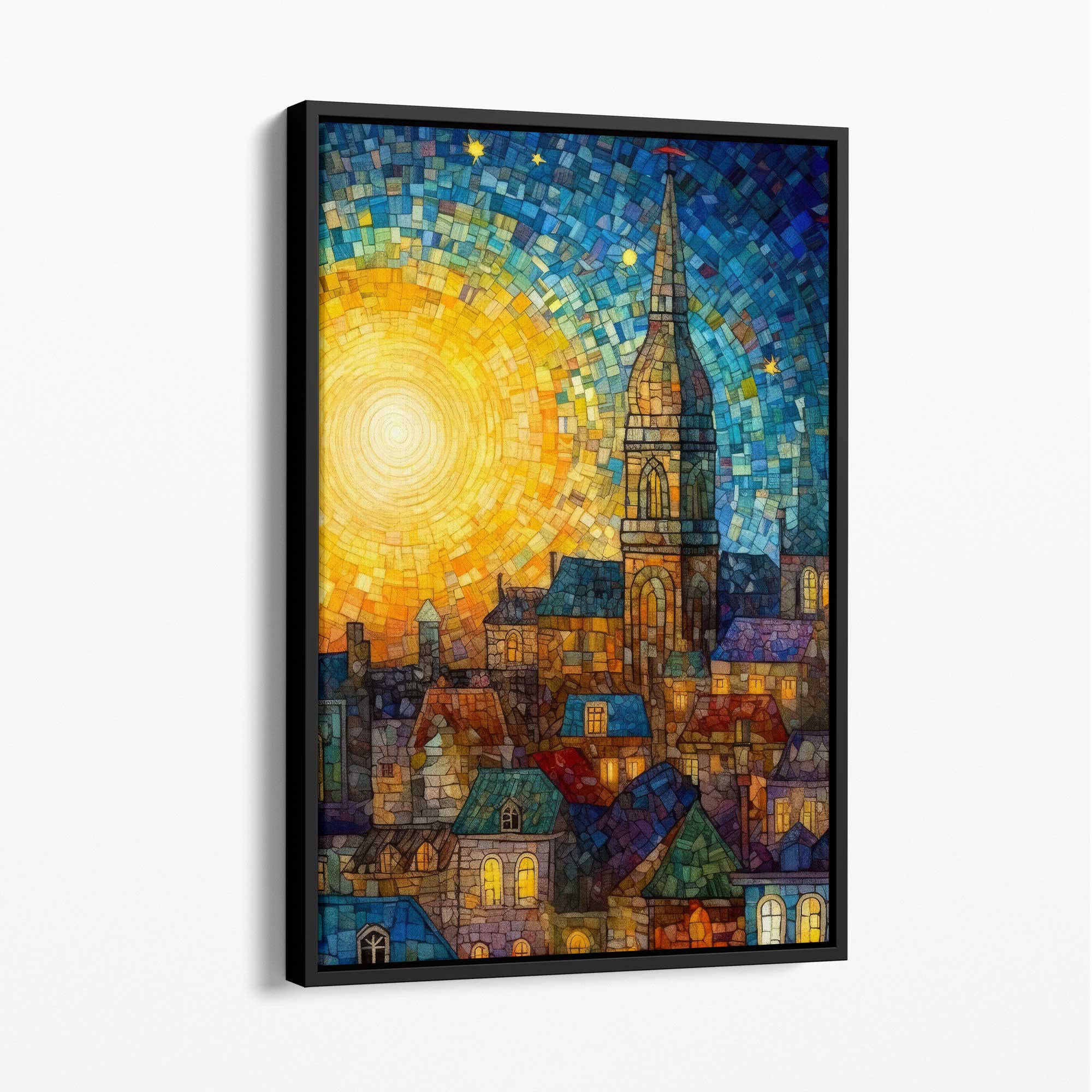 Sunrise City Abstract Palette Knife Painting Canvas Print with Black Float Frame | Artze Wall Art UK