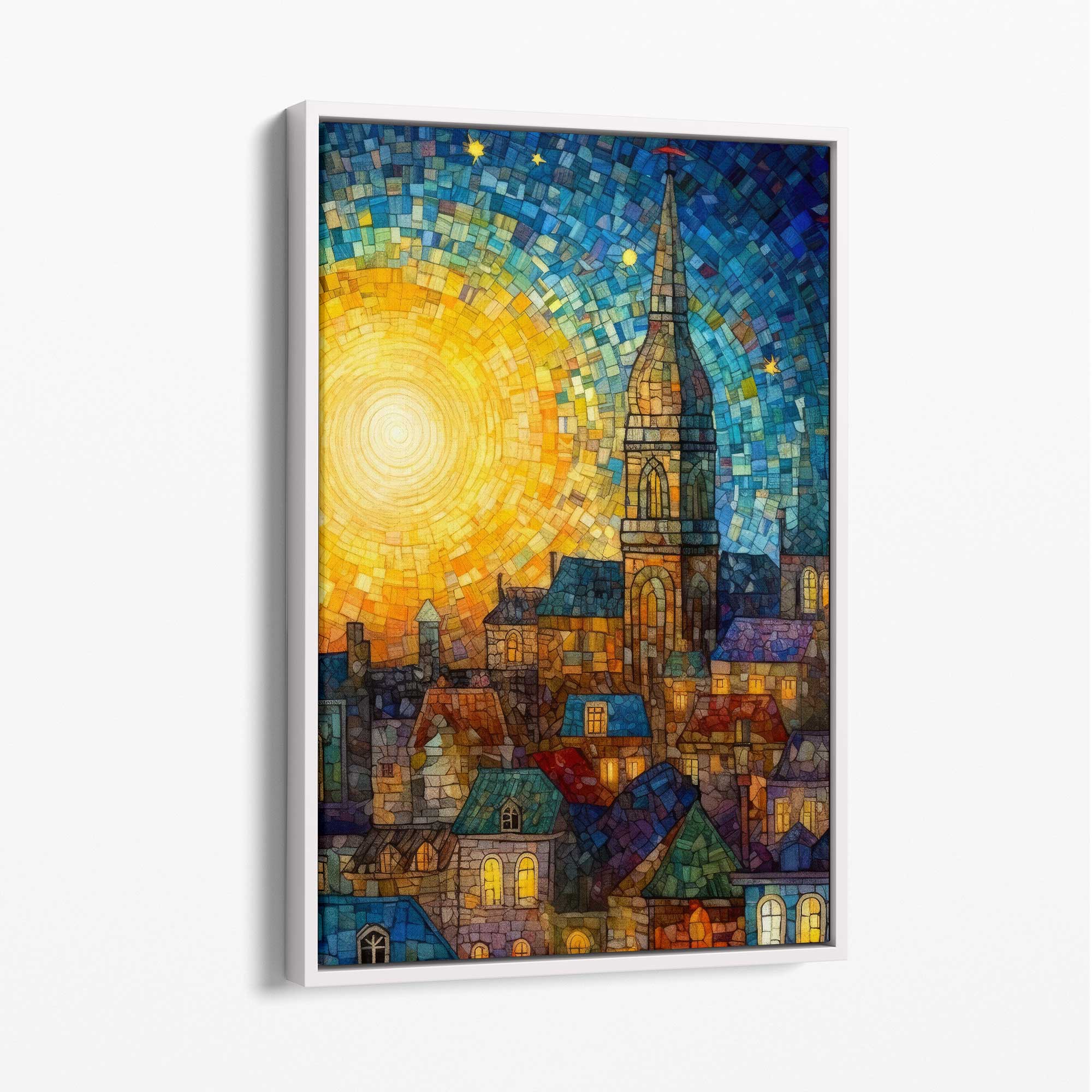 Sunrise City Abstract Palette Knife Painting Canvas Print with White Float Frame | Artze Wall Art UK