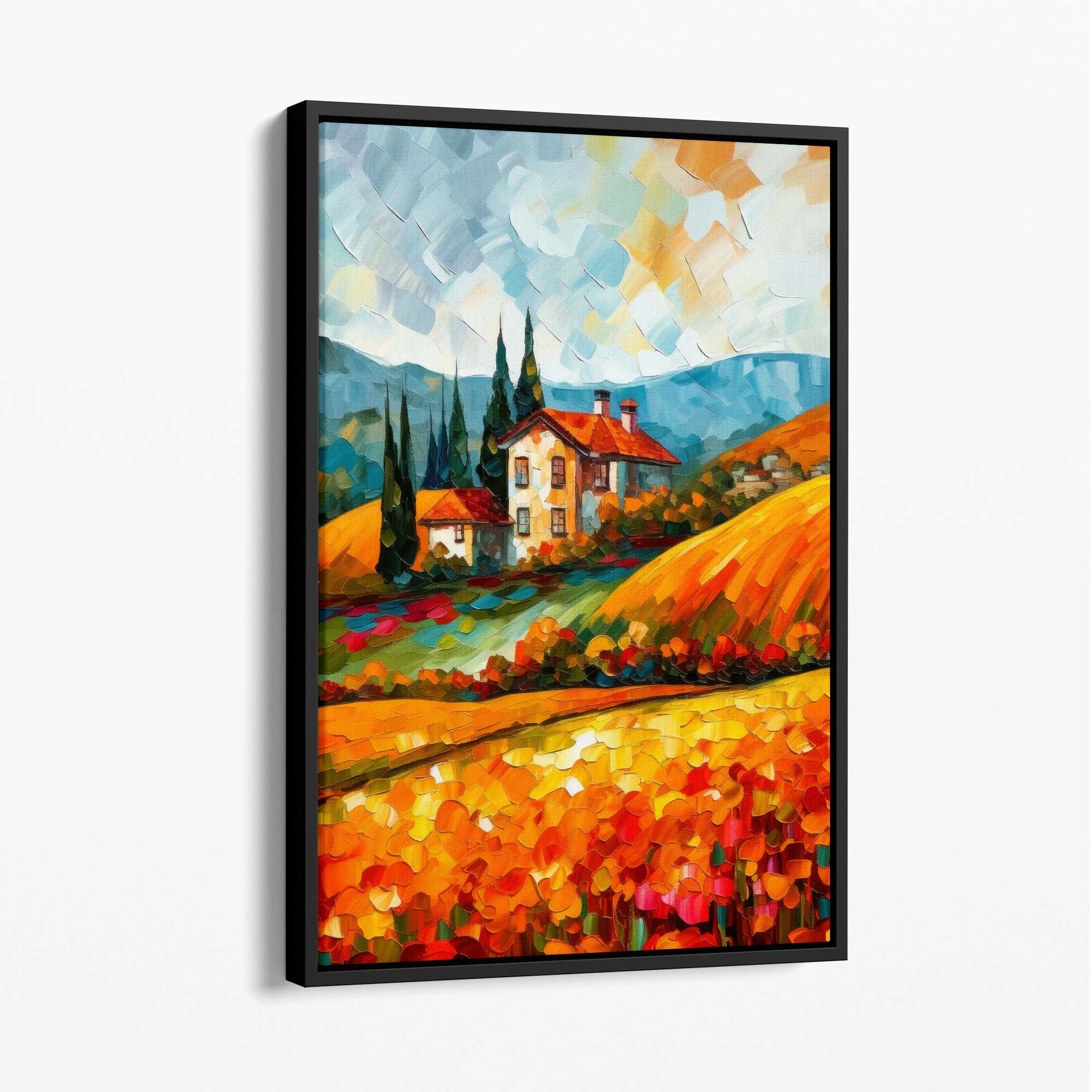 Red Fields Farmhouse Landscape Abstract Painting Canvas Print with Black Float Frame | Artze Wall Art UK