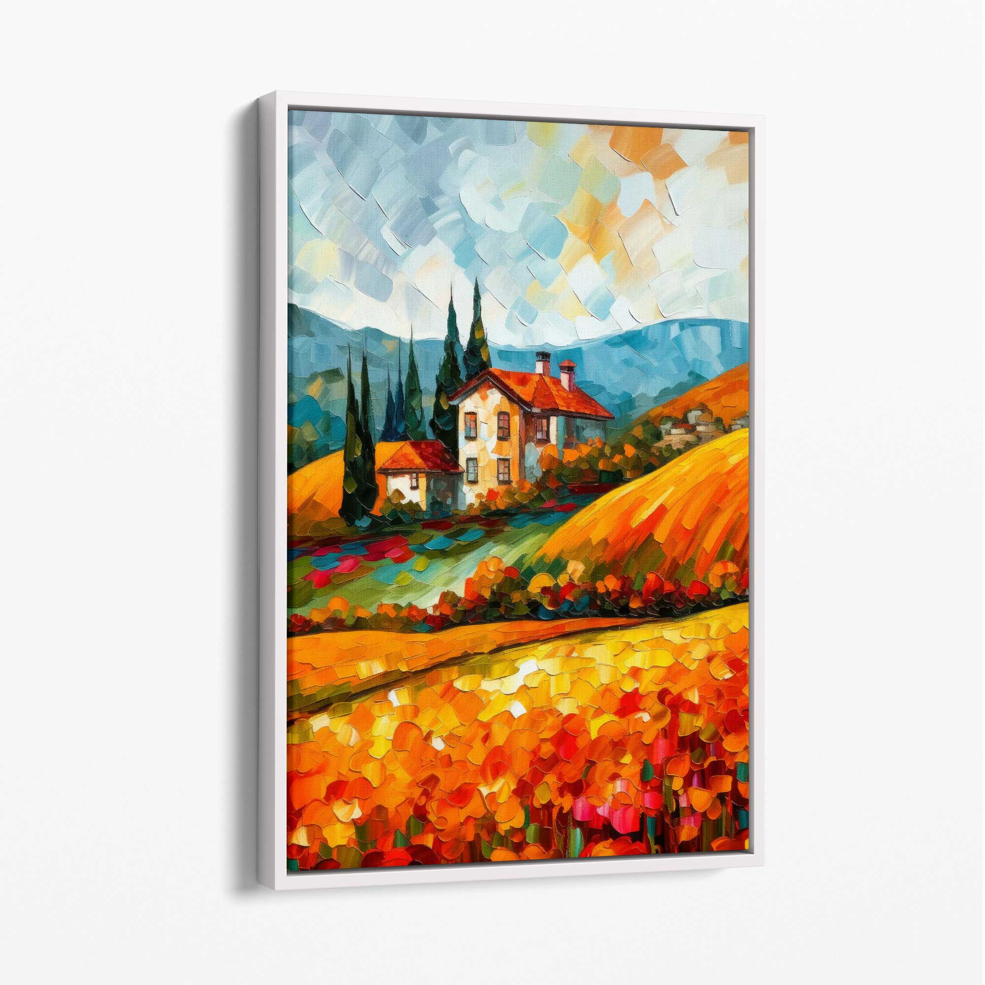 Red Fields Farmhouse Landscape Abstract Painting Canvas Print with White Float Frame | Artze Wall Art UK