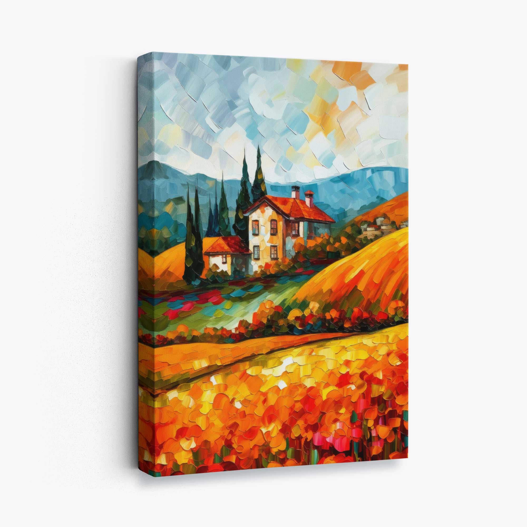 Red Fields Farmhouse Landscape Abstract Painting Canvas Print | Artze Wall Art UK