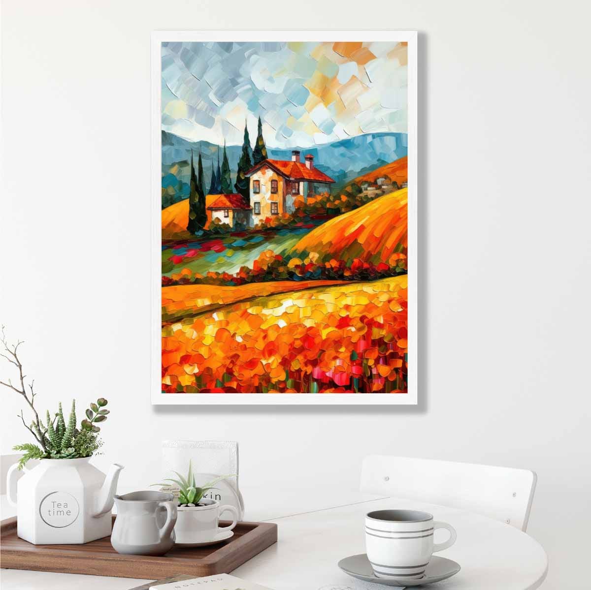 Red Fields Farmhouse Landscape Abstract Painting Art Print