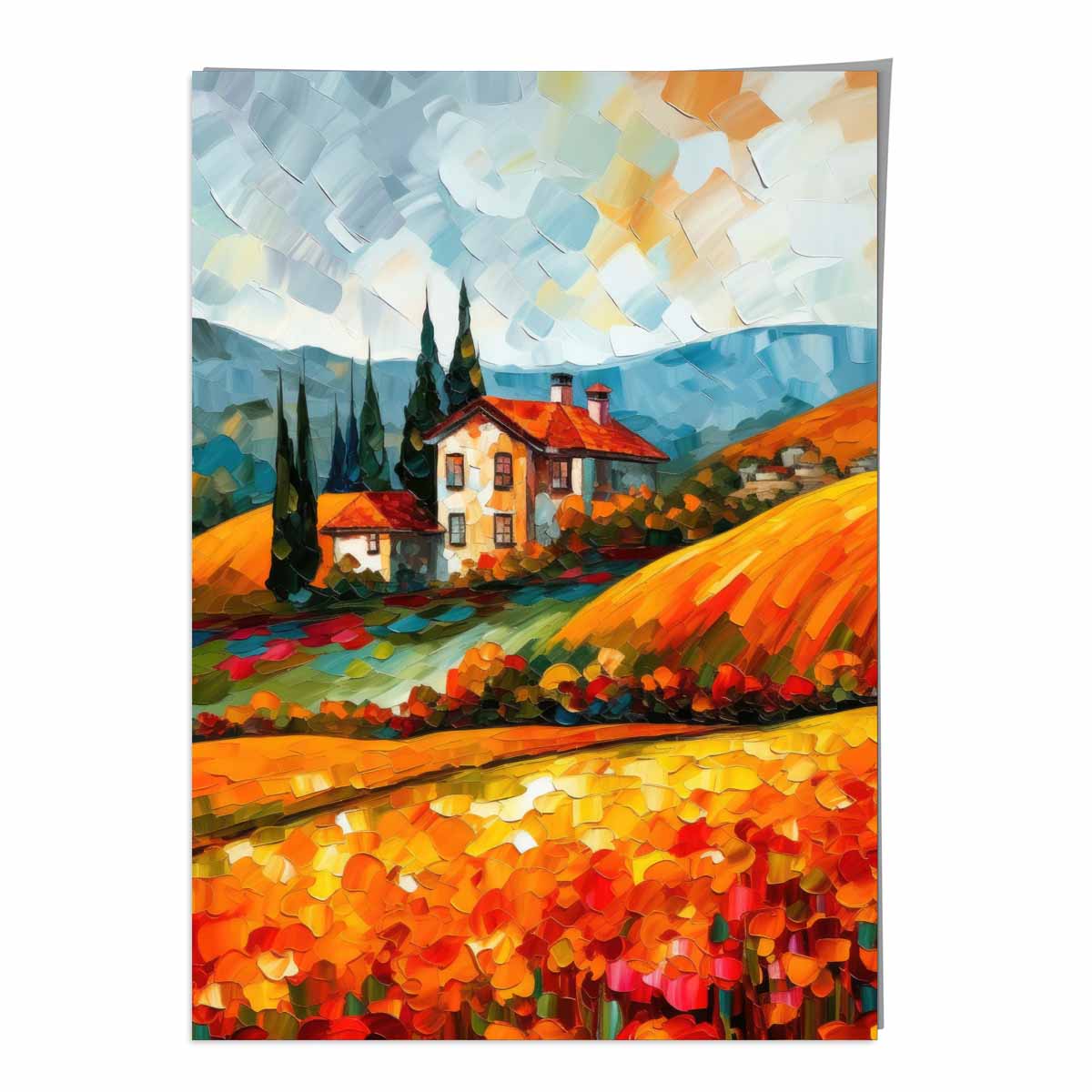 Red Fields Farmhouse Landscape Abstract Painting Art Print
