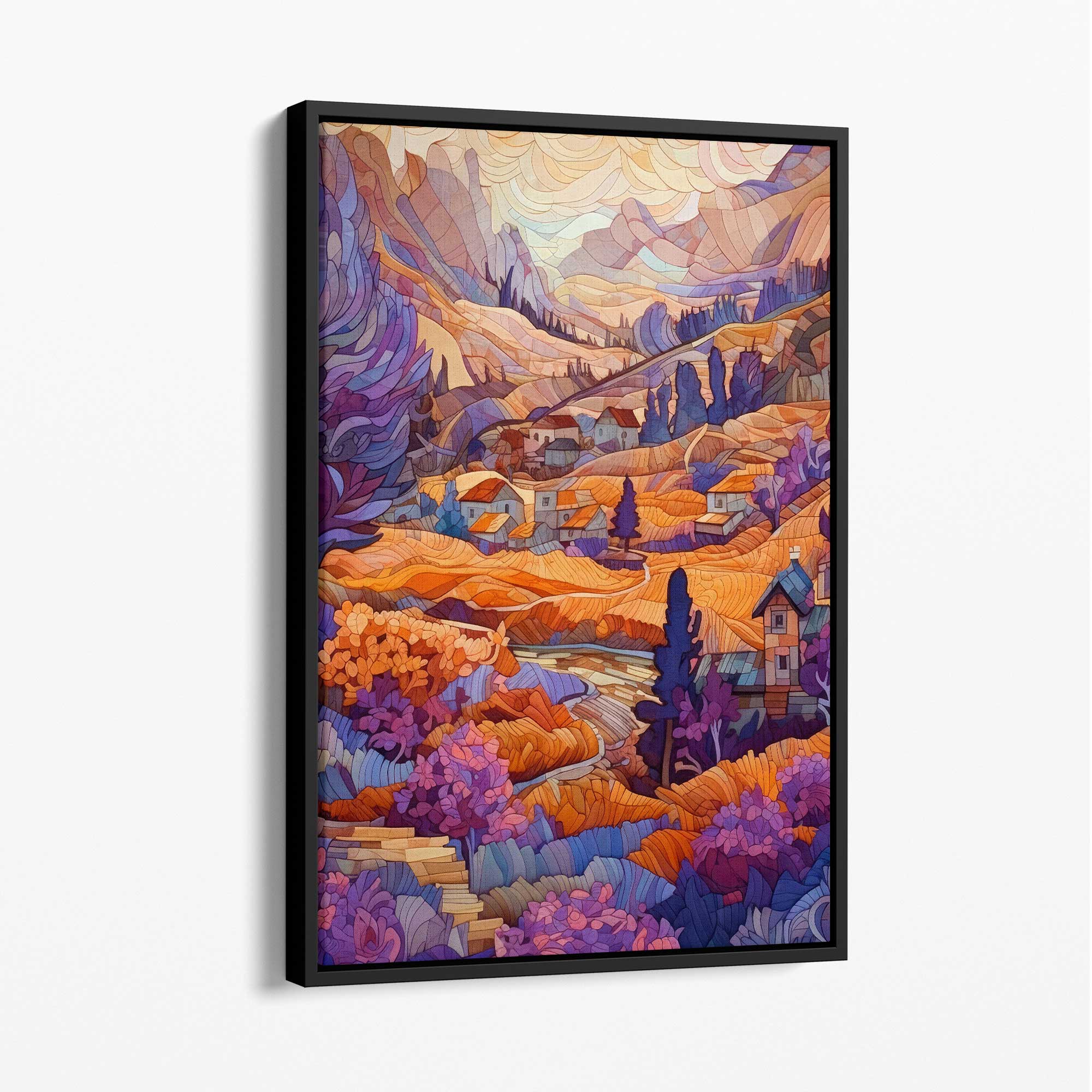 Mountain Scene Mosaic Abstract Style Painting Canvas Print in purple and orange with Black Float Frame | Artze Wall Art UK