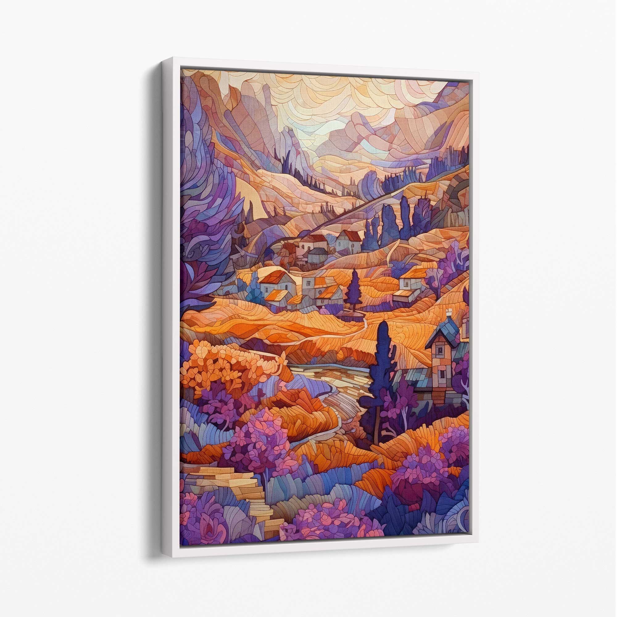 Mountain Scene Mosaic Abstract Style Painting Canvas Print in purple and orange with White Float Frame | Artze Wall Art UK