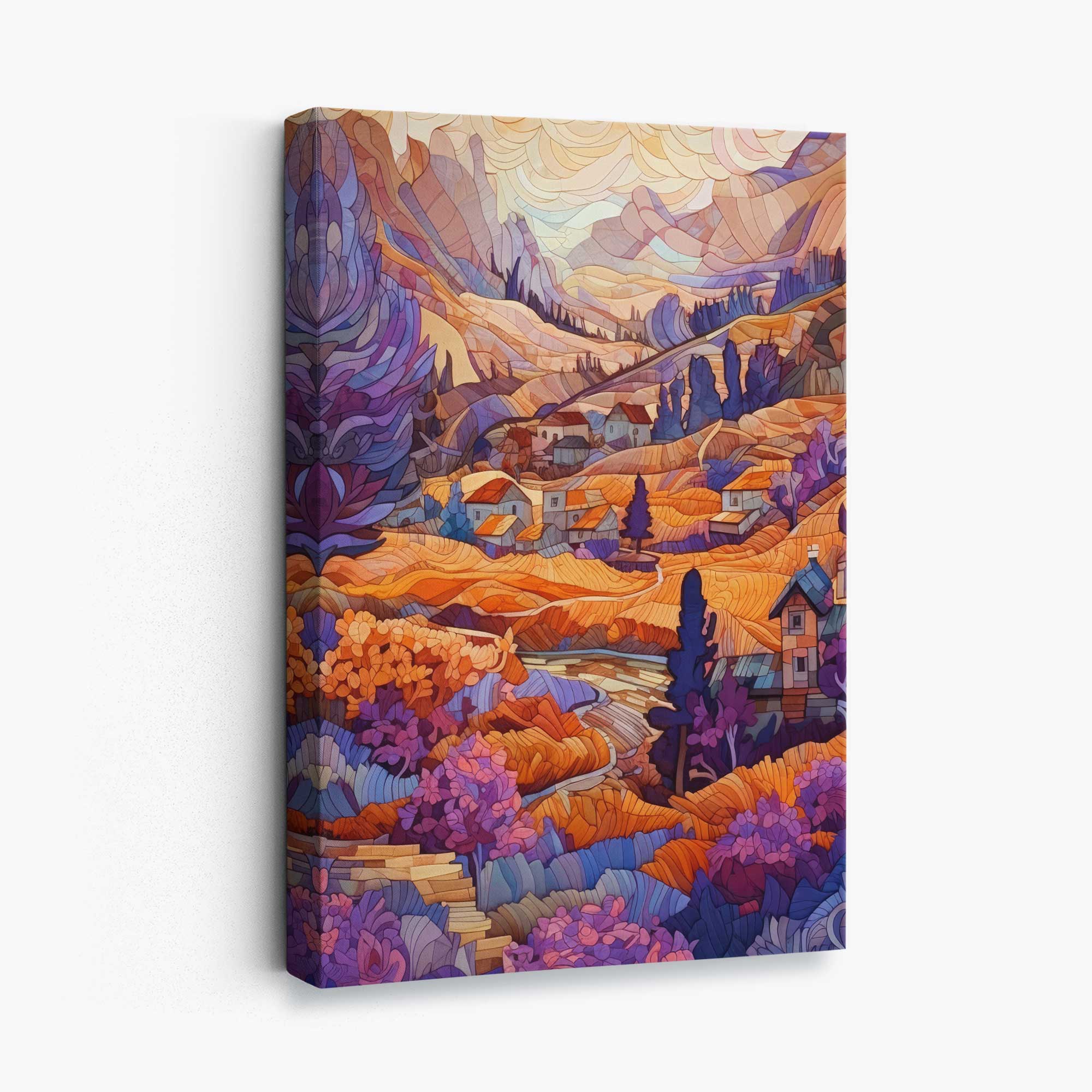 Mountain Scene Mosaic Abstract Style Painting Canvas Print in purple and orange | Artze Wall Art UK