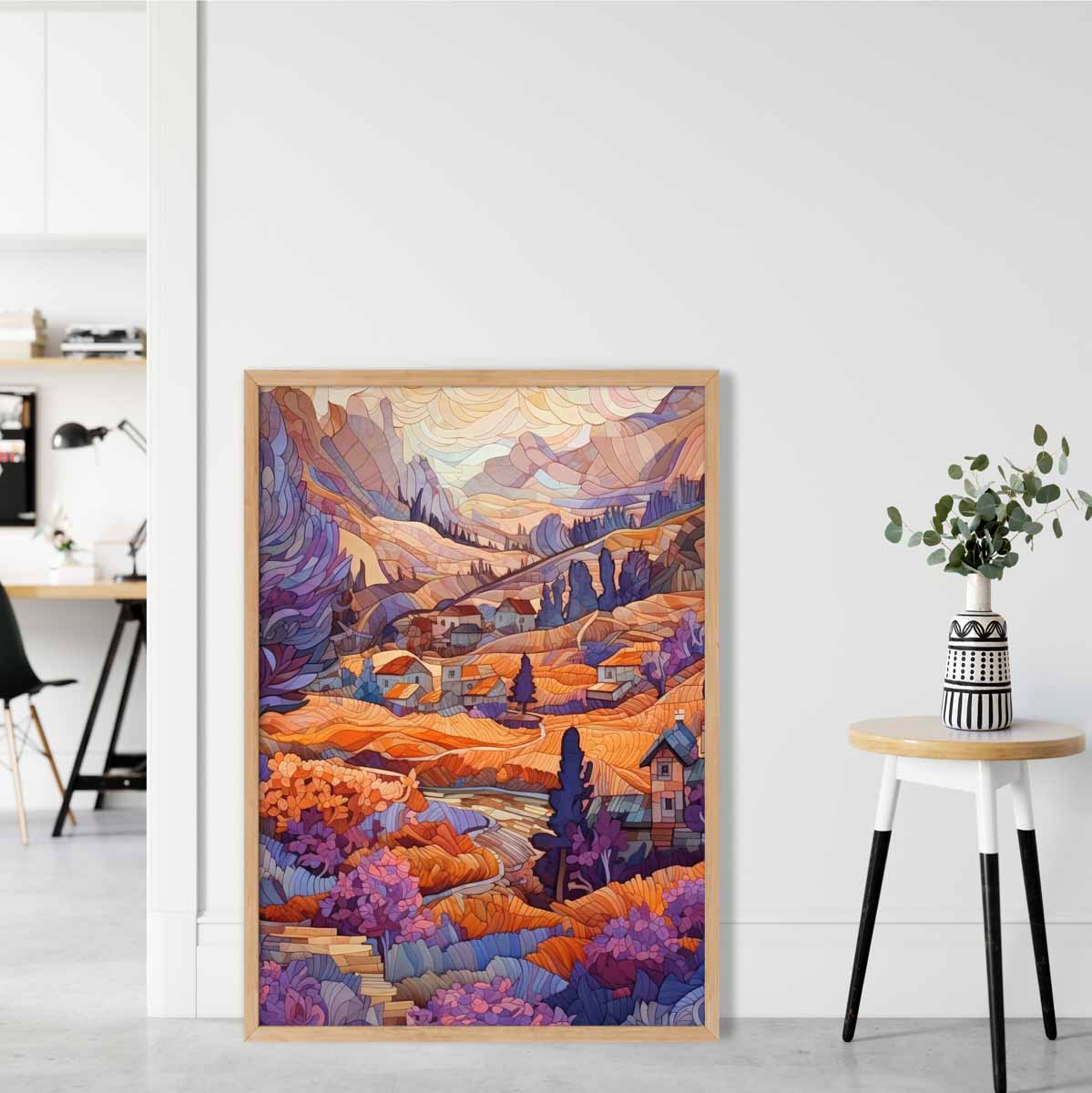 Mountain Scene Mosaic Abstract Style Painting Art Print in purple and orange