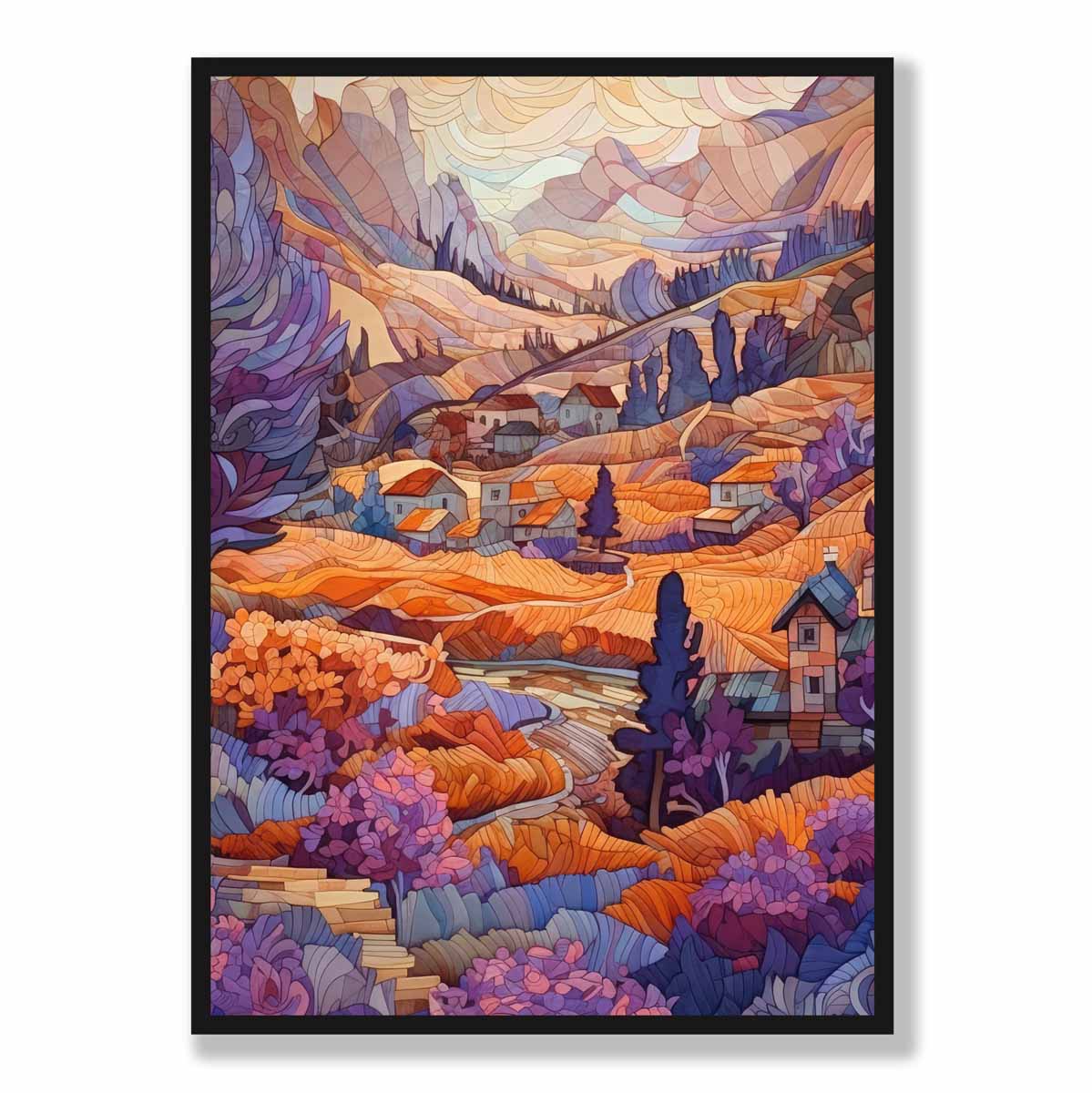 Mountain Scene Mosaic Abstract Style Painting Art Print in purple and orange