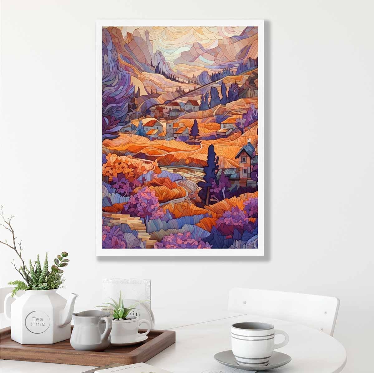 Mountain Scene Mosaic Abstract Style Painting Art Print in purple and orange