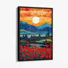 Sunrise Mountains and Poppy Fields Mosaic Abstract Style Painting Canvas Print with Black Float Frame | Artze Wall Art UK