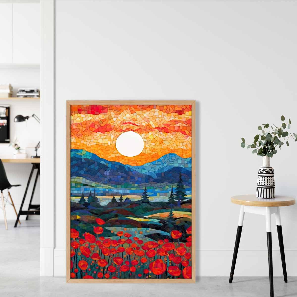 Sunrise Mountains and Poppy Fields Mosaic Abstract Style Painting Art Print