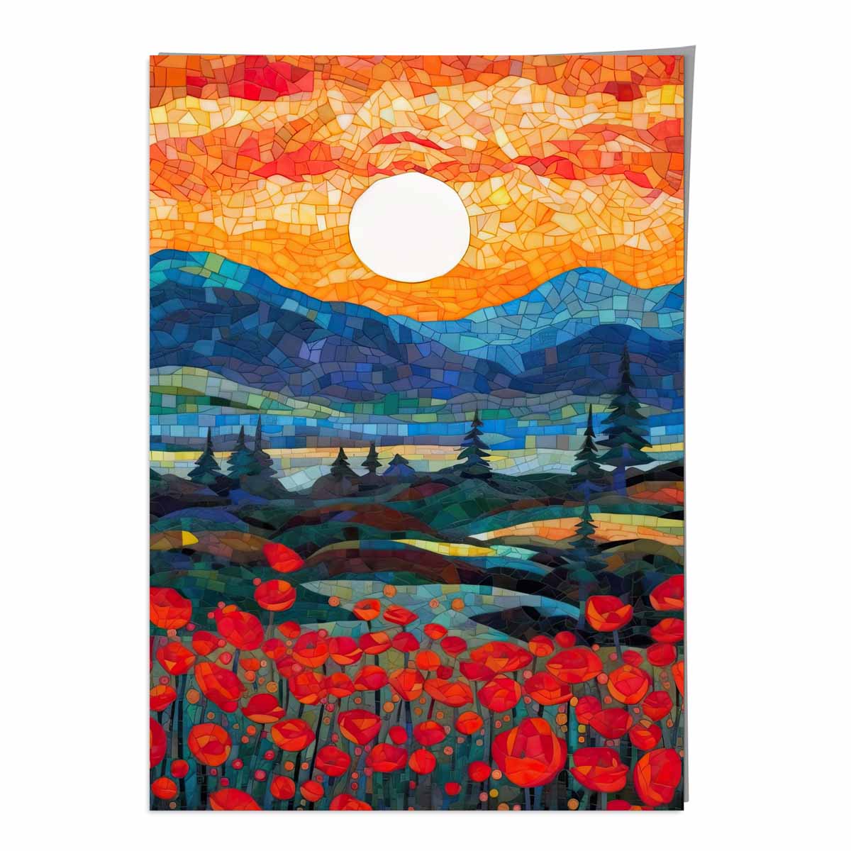 Sunrise Mountains and Poppy Fields Mosaic Abstract Style Painting Art Print