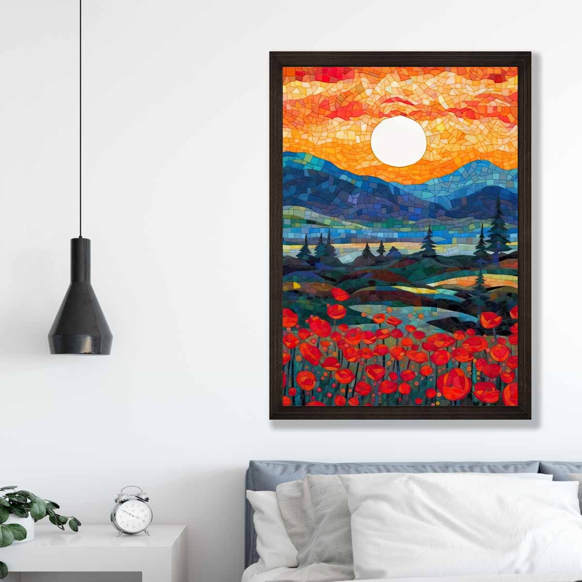 Sunrise Mountains and Poppy Fields Mosaic Abstract Style Painting Art Print