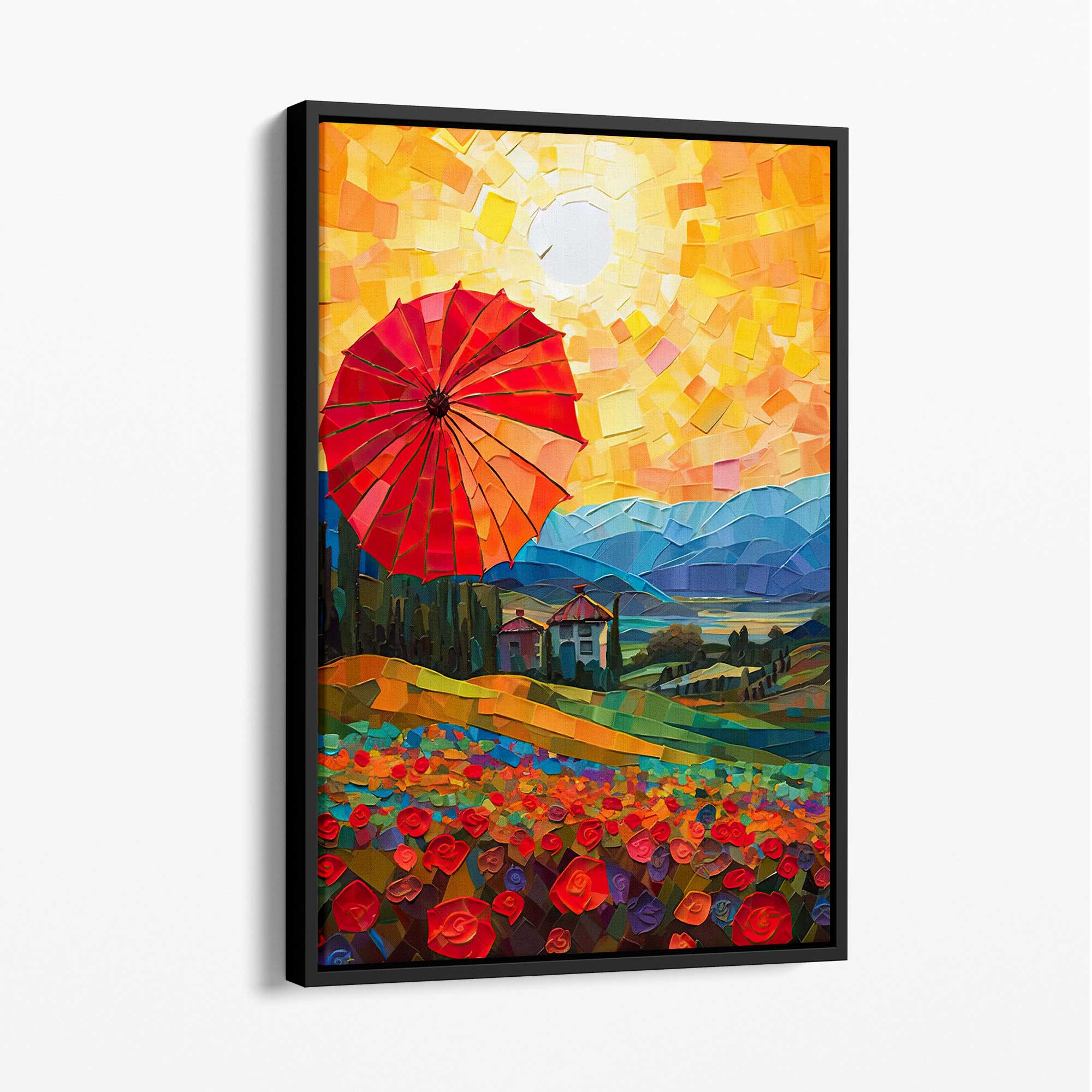 Red Fields and Umbrella Palette Knife Abstract Painting Canvas Print with Black Float Frame | Artze Wall Art UK