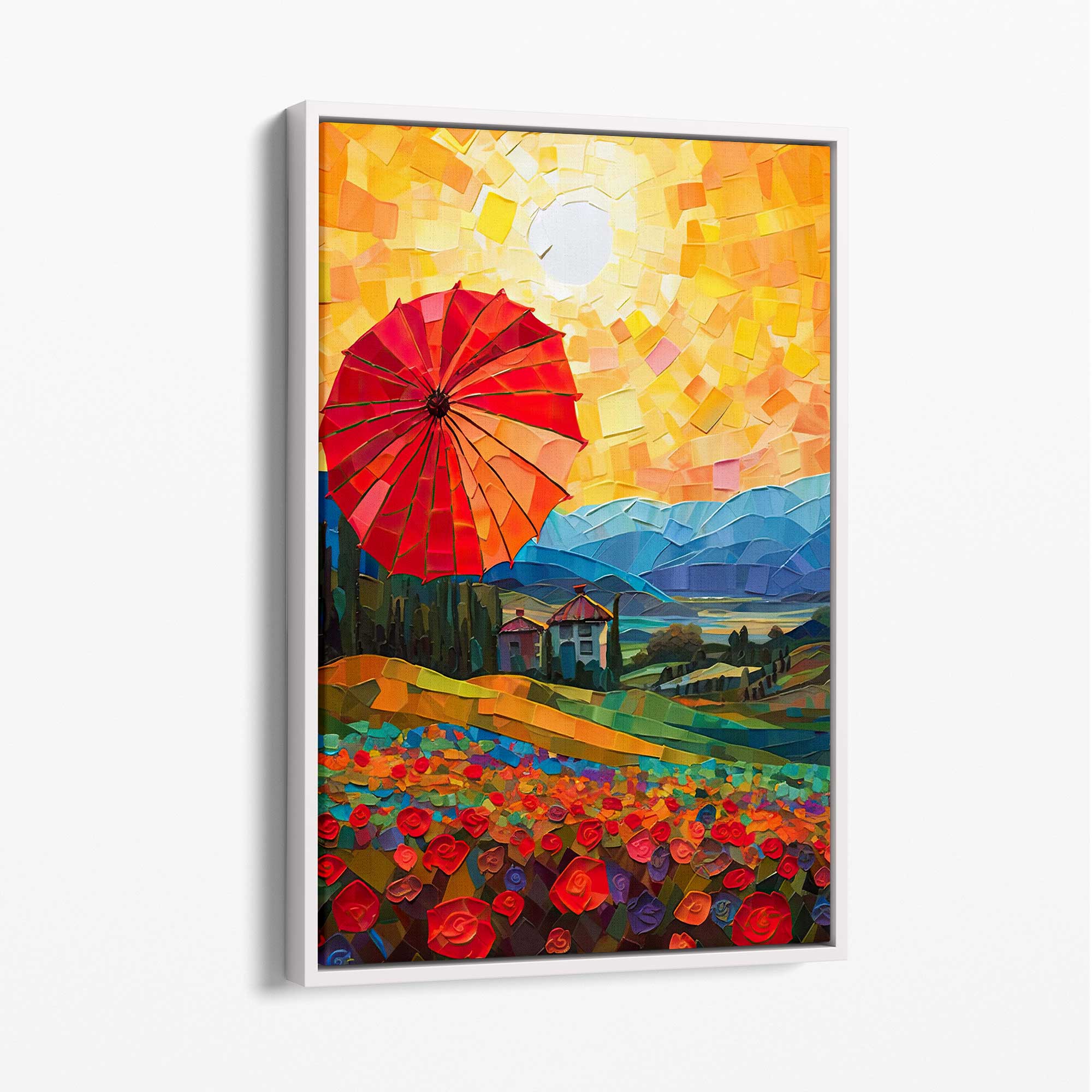 Red Fields and Umbrella Palette Knife Abstract Painting Canvas Print with White Float Frame | Artze Wall Art UK